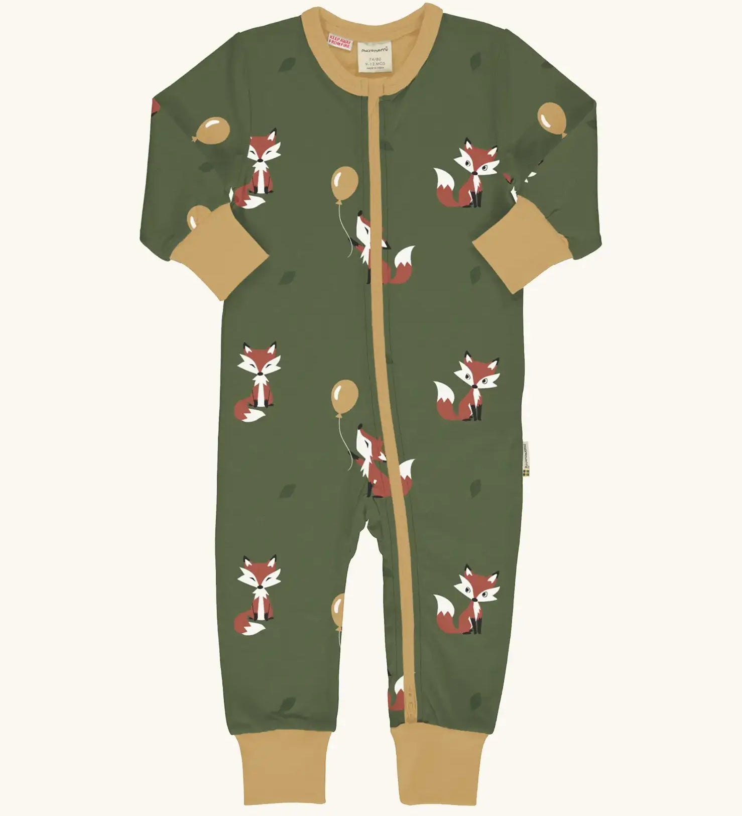 Maxomorra GOTS organic cotton baby long sleeve rompersuit in green with a cute repeating fox print, mustard neck, cuffs and full front zip fastener