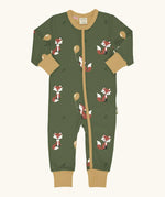 Maxomorra GOTS organic cotton baby long sleeve rompersuit in green with a cute repeating fox print, mustard neck, cuffs and full front zip fastener
