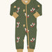 Maxomorra GOTS organic cotton baby long sleeve rompersuit in green with a cute repeating fox print, mustard neck, cuffs and full front zip fastener