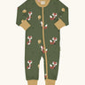 Maxomorra GOTS organic cotton baby long sleeve rompersuit in green with a cute repeating fox print, mustard neck, cuffs and full front zip fastener