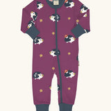 Maxomorra GOTS organic cotton baby long sleeve rompersuit in purple with a cute repeating hedgehog print, navy neck, cuffs and full front zip fastener