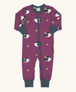 Maxomorra GOTS organic cotton baby long sleeve rompersuit in purple with a cute repeating hedgehog print, navy neck, cuffs and full front zip fastener