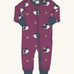 Maxomorra GOTS organic cotton baby long sleeve rompersuit in purple with a cute repeating hedgehog print, navy neck, cuffs and full front zip fastener