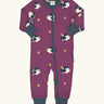 Maxomorra GOTS organic cotton baby long sleeve rompersuit in purple with a cute repeating hedgehog print, navy neck, cuffs and full front zip fastener