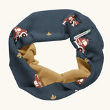 Maxomorra GOTS organic cotton sweat scarf tube in navy with a playful repeating fire truck print and mustard inner liner