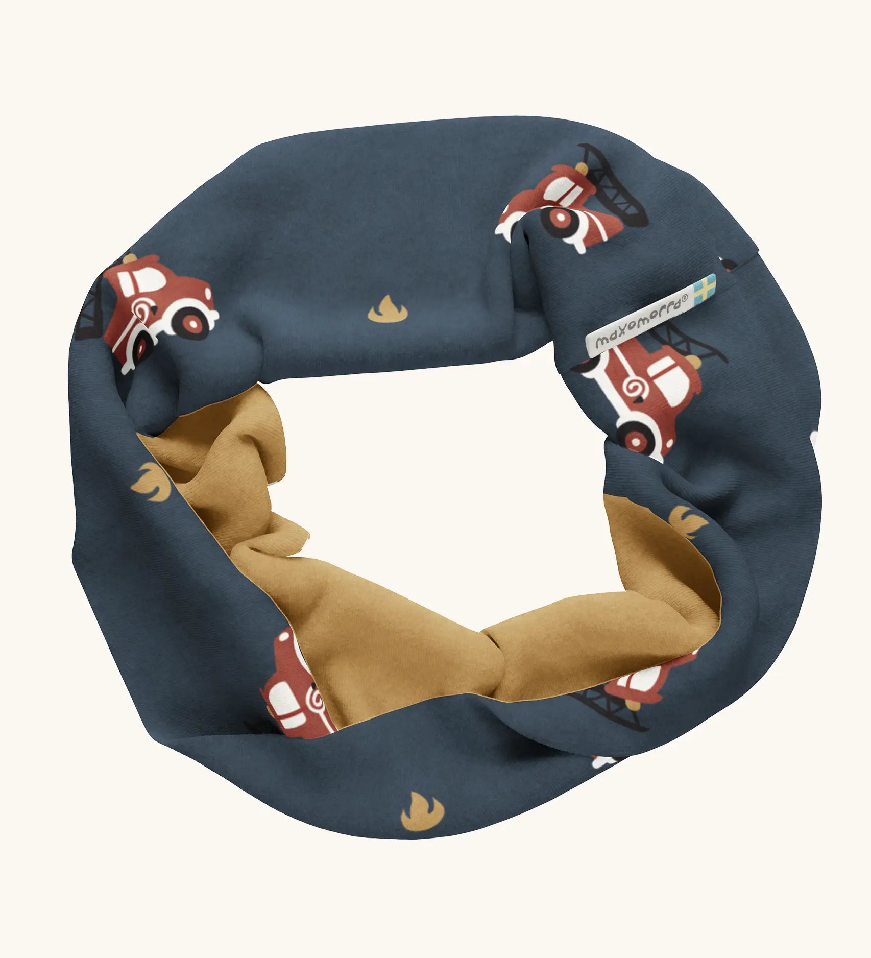 Maxomorra GOTS organic cotton sweat scarf tube in navy with a playful repeating fire truck print and mustard inner liner