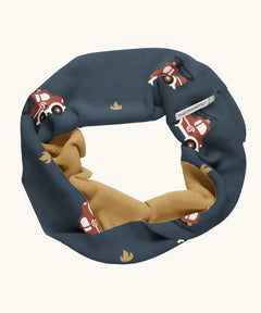 Maxomorra GOTS organic cotton sweat scarf tube in navy with a playful repeating fire truck print and mustard inner liner