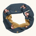 Maxomorra GOTS organic cotton sweat scarf tube in navy with a playful repeating fire truck print and mustard inner liner