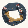 Maxomorra GOTS organic cotton sweat scarf tube in navy with a playful repeating fire truck print and mustard inner liner