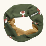 Maxomorra GOTS organic cotton sweat scarf tube in green with a cute repeating fox print and mustard inner liner