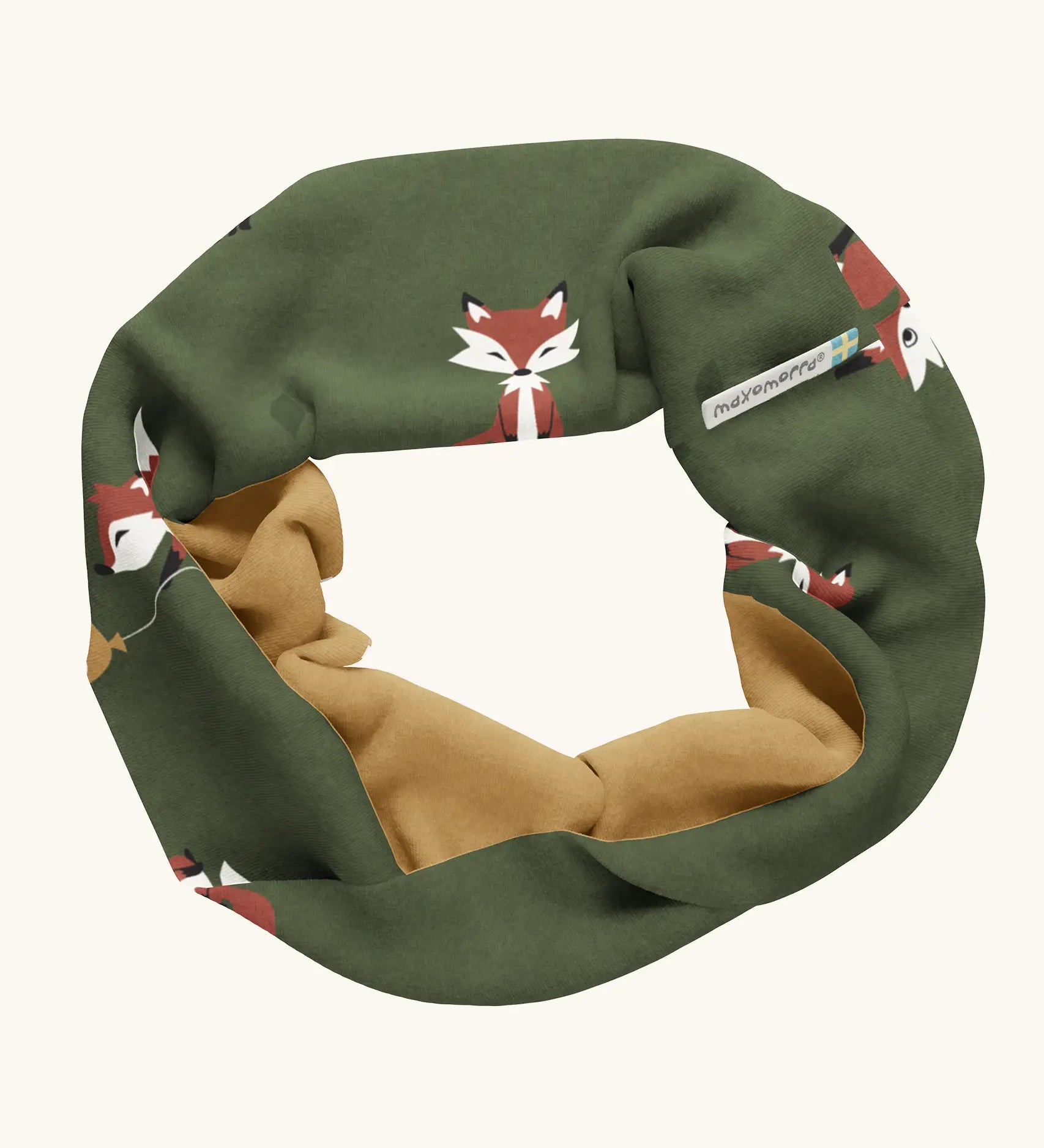 Maxomorra GOTS organic cotton sweat scarf tube in green with a cute repeating fox print and mustard inner liner