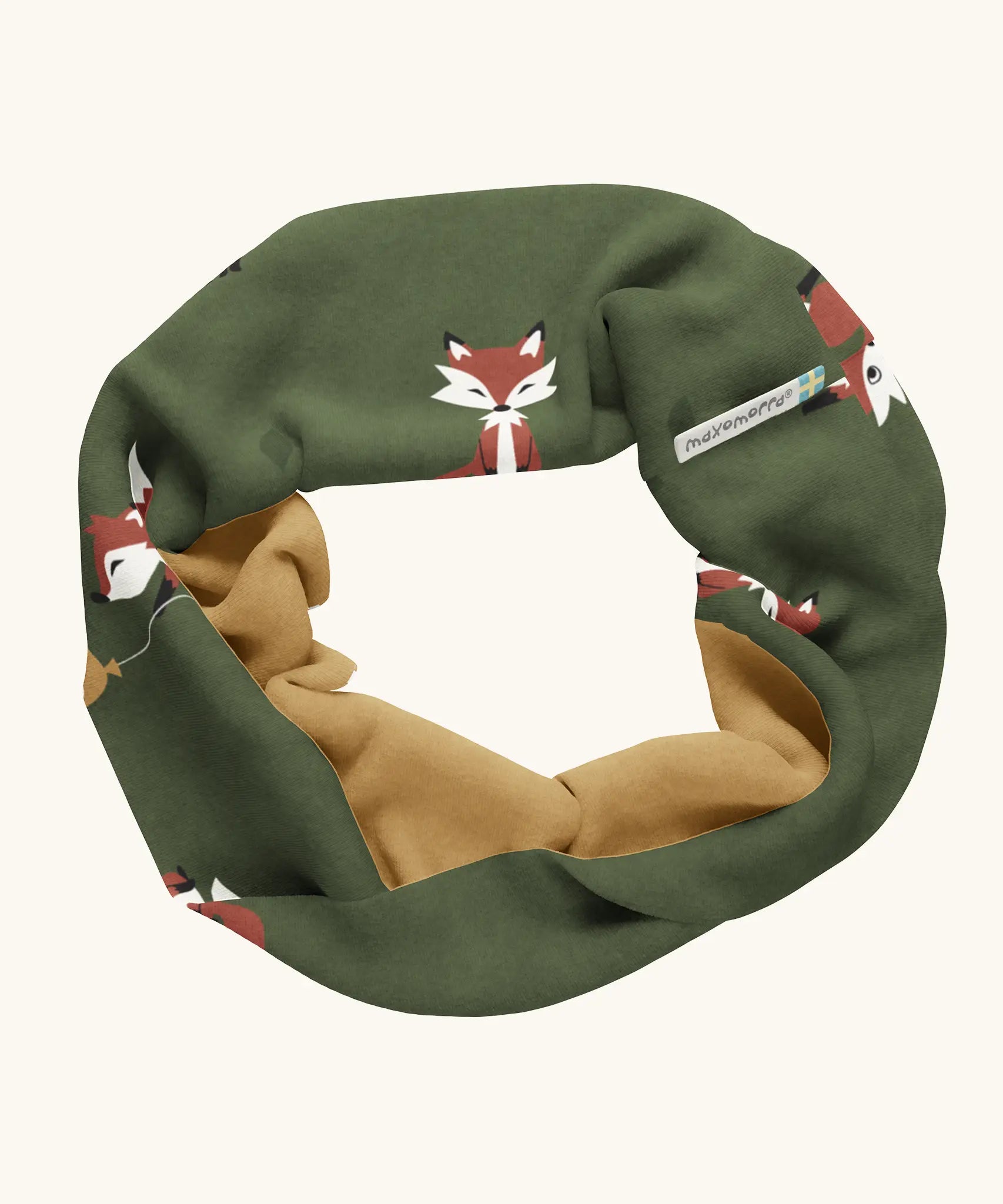 Maxomorra GOTS organic cotton sweat scarf tube in green with a cute repeating fox print and mustard inner liner