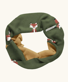 Maxomorra GOTS organic cotton sweat scarf tube in green with a cute repeating fox print and mustard inner liner
