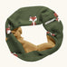 Maxomorra GOTS organic cotton sweat scarf tube in green with a cute repeating fox print and mustard inner liner