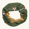 Maxomorra GOTS organic cotton sweat scarf tube in green with a cute repeating fox print and mustard inner liner