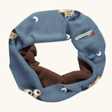 Maxomorra GOTS organic cotton sweat scarf tube in blue with a cute repeating owl print and brown inner liner