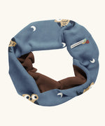 Maxomorra GOTS organic cotton sweat scarf tube in blue with a cute repeating owl print and brown inner liner