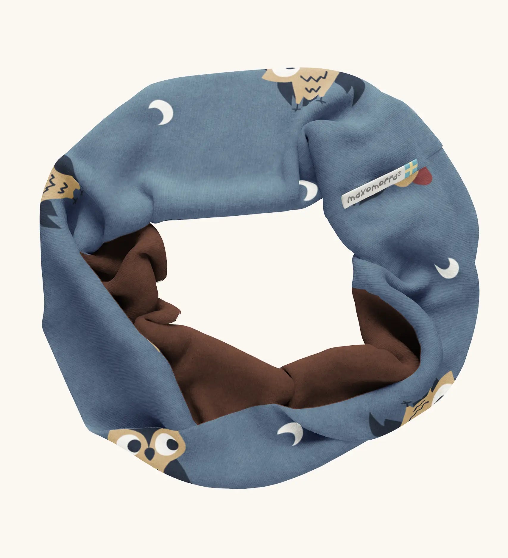 Maxomorra GOTS organic cotton sweat scarf tube in blue with a cute repeating owl print and brown inner liner
