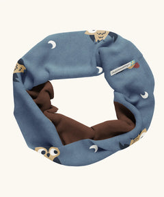Maxomorra GOTS organic cotton sweat scarf tube in blue with a cute repeating owl print and brown inner liner