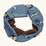 Maxomorra GOTS organic cotton sweat scarf tube in blue with a cute repeating owl print and brown inner liner