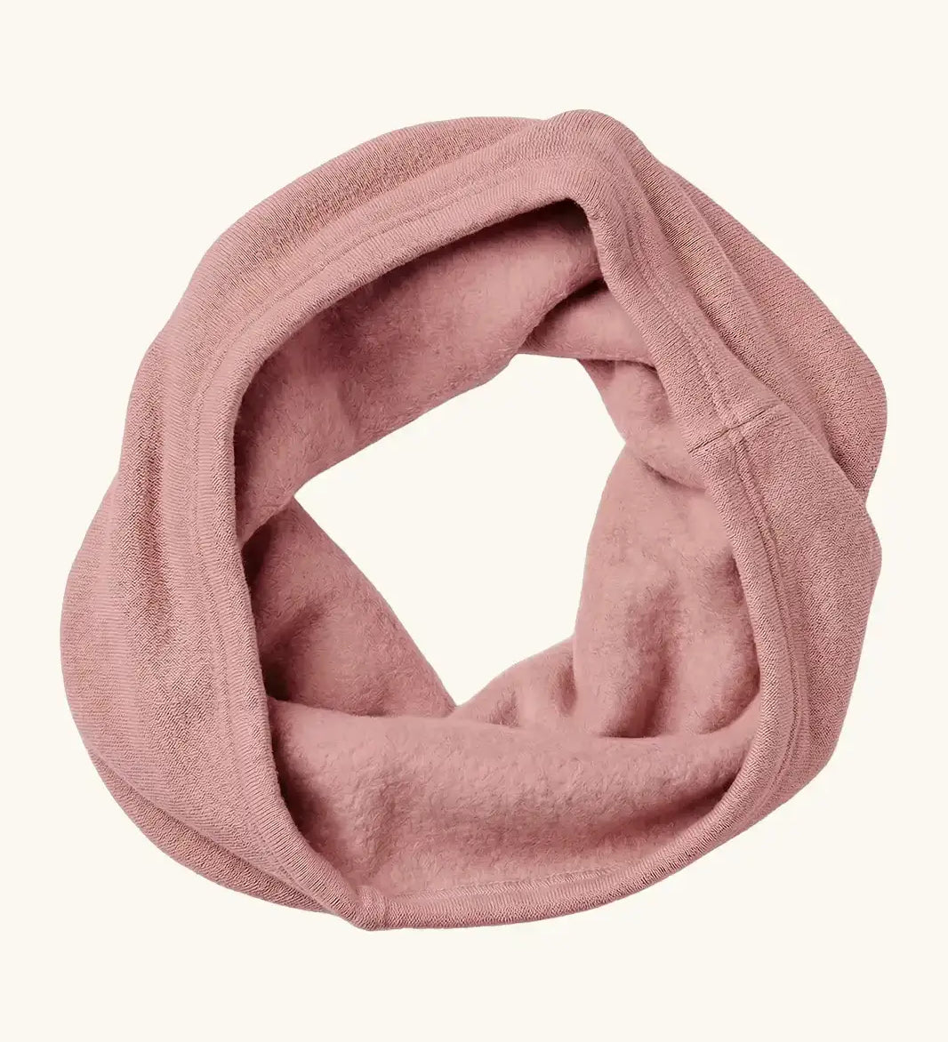 Maxomorra GOTS organic cotton sweat scarf tube in solid pink with a velour outer and soft fleece inner lining
