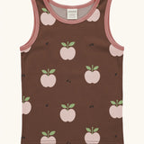 Maxomorra's  GOTS organic cotton kids tank top in brown with a cute repeating pink apple print with matching trim