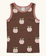 Maxomorra's  GOTS organic cotton kids tank top in brown with a cute repeating pink apple print with matching trim
