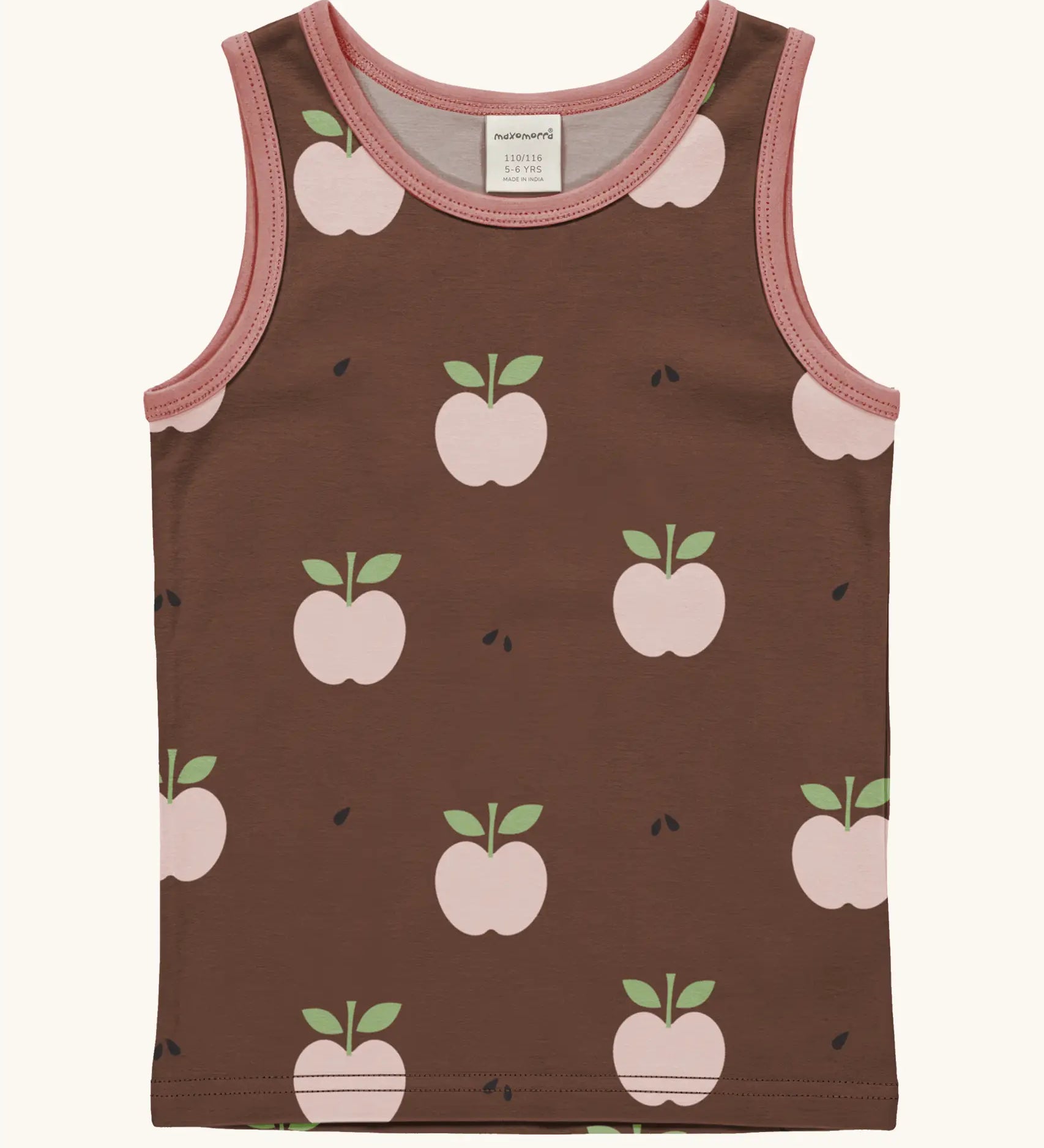 Maxomorra's  GOTS organic cotton kids tank top in brown with a cute repeating pink apple print with matching trim