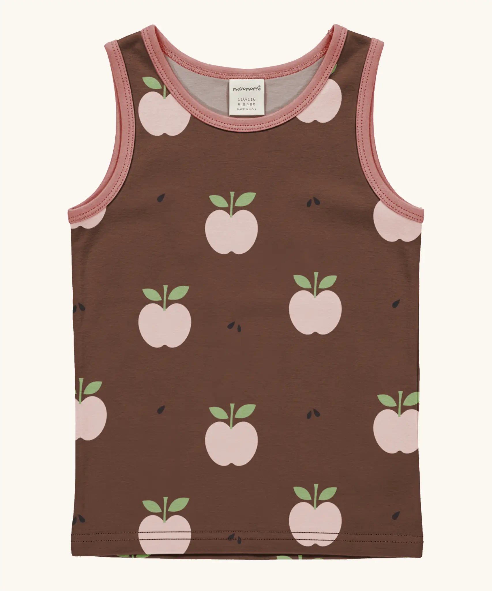 Maxomorra's  GOTS organic cotton kids tank top in brown with a cute repeating pink apple print with matching trim