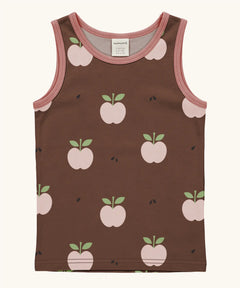 Maxomorra's  GOTS organic cotton kids tank top in brown with a cute repeating pink apple print with matching trim