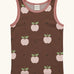 Maxomorra's  GOTS organic cotton kids tank top in brown with a cute repeating pink apple print with matching trim