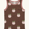 Maxomorra's  GOTS organic cotton kids tank top in brown with a cute repeating pink apple print with matching trim