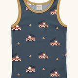 Maxomorra GOTS organic cotton kids tank top in blue with a playful repeating fire truck print and mustard trim