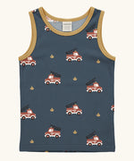 Maxomorra GOTS organic cotton kids tank top in blue with a playful repeating fire truck print and mustard trim