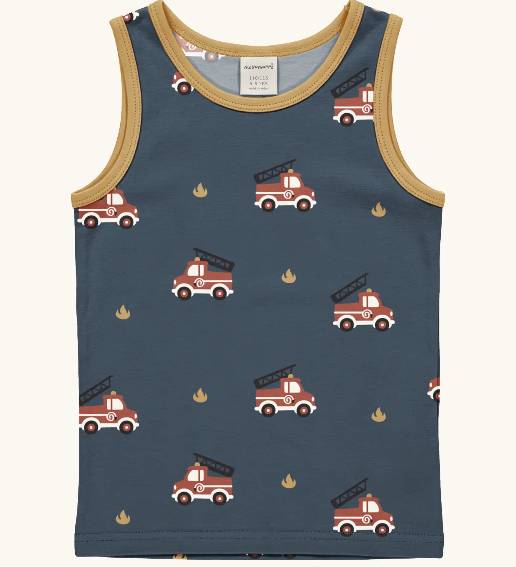 Maxomorra GOTS organic cotton kids tank top in blue with a playful repeating fire truck print and mustard trim