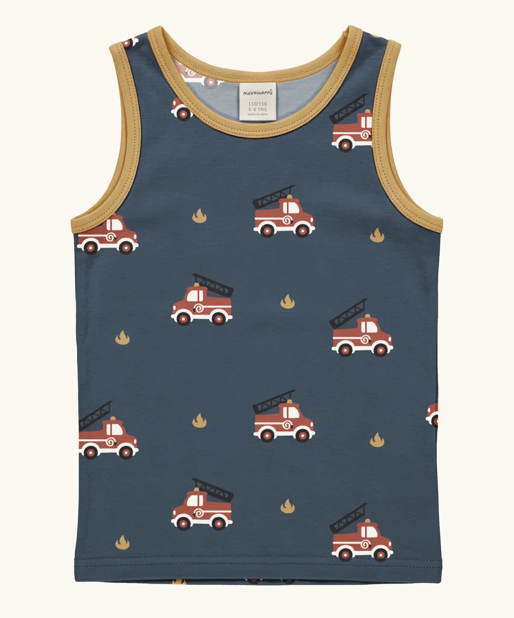Maxomorra GOTS organic cotton kids tank top in blue with a playful repeating fire truck print and mustard trim