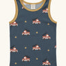 Maxomorra GOTS organic cotton kids tank top in blue with a playful repeating fire truck print and mustard trim