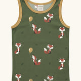 Maxomorra GOTS organic cotton kids tank top in green with a cute repeating fox print and mustard trim