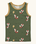 Maxomorra GOTS organic cotton kids tank top in green with a cute repeating fox print and mustard trim