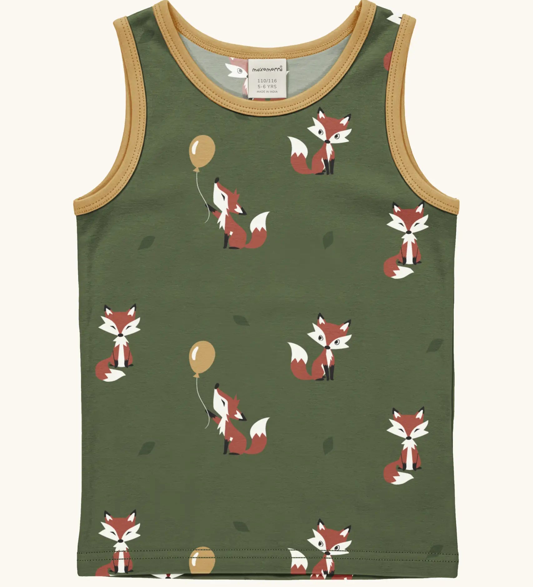 Maxomorra GOTS organic cotton kids tank top in green with a cute repeating fox print and mustard trim