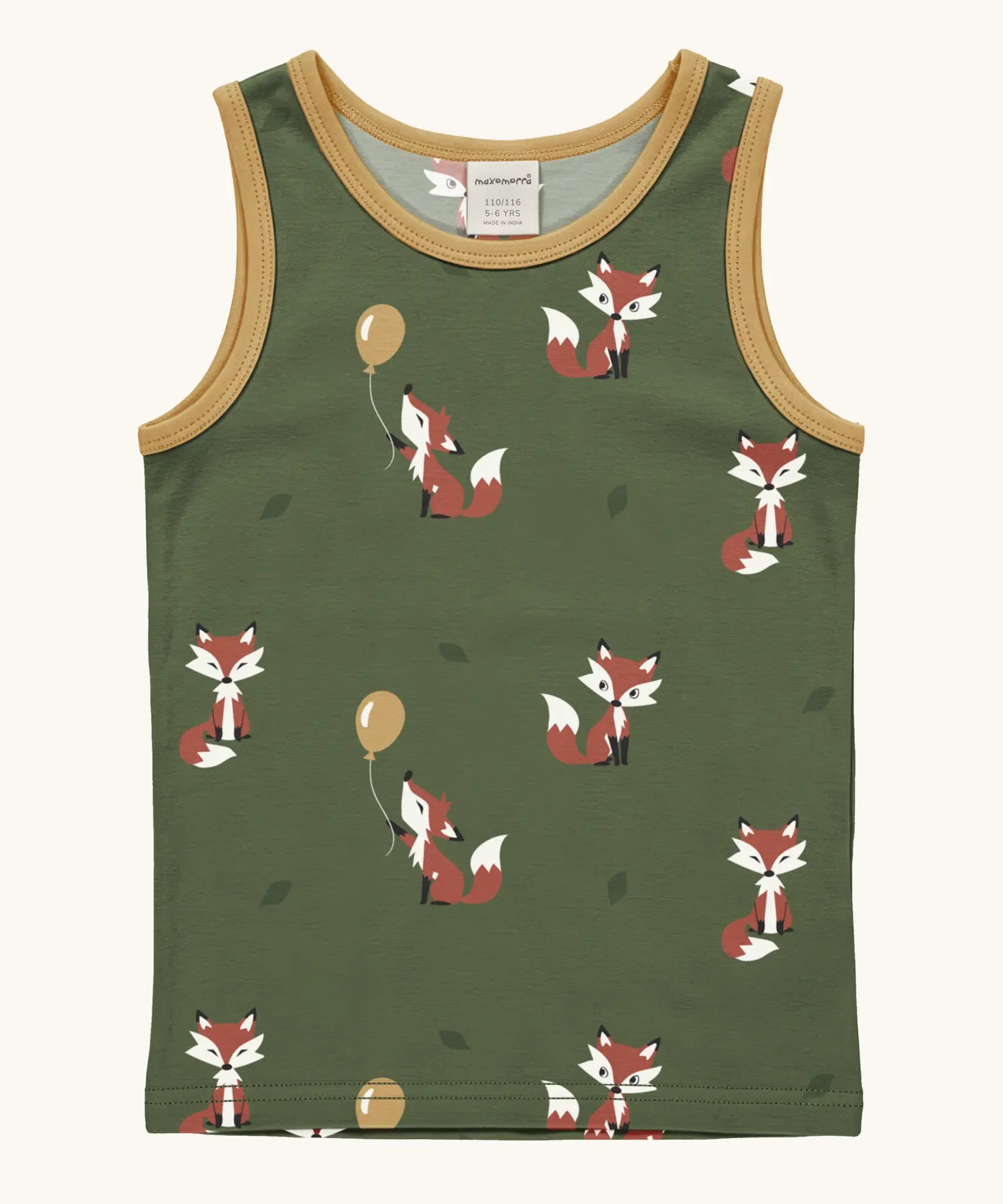 Maxomorra GOTS organic cotton kids tank top in green with a cute repeating fox print and mustard trim