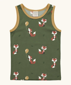 Maxomorra GOTS organic cotton kids tank top in green with a cute repeating fox print and mustard trim