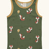 Maxomorra GOTS organic cotton kids tank top in green with a cute repeating fox print and mustard trim