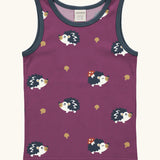Maxomorra GOTS organic cotton kids tank top in purple with a cute repeating hedgehog print and navy trim