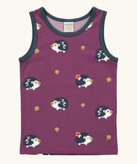 Maxomorra GOTS organic cotton kids tank top in purple with a cute repeating hedgehog print and navy trim