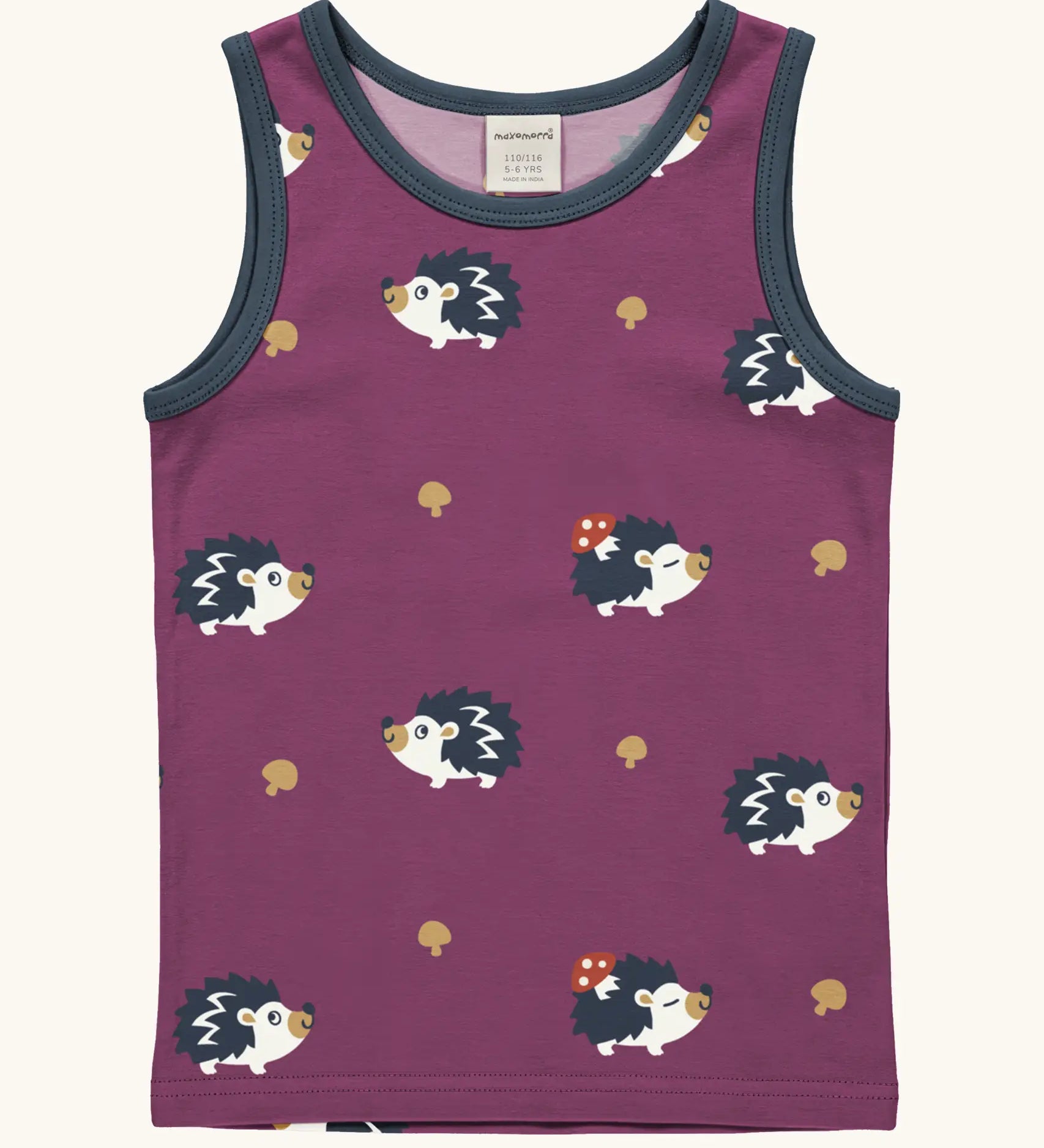 Maxomorra GOTS organic cotton kids tank top in purple with a cute repeating hedgehog print and navy trim