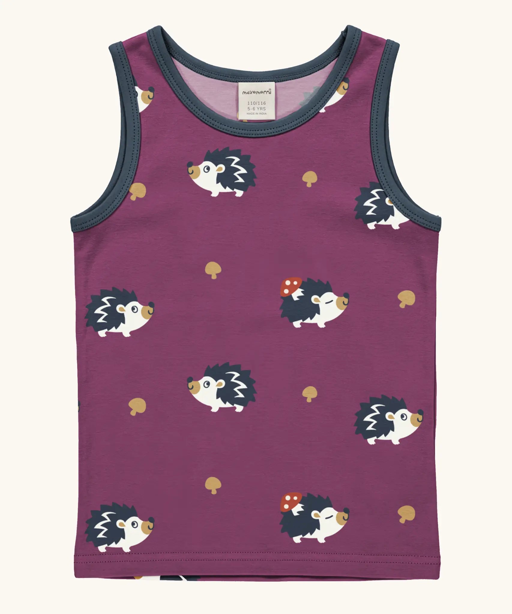 Maxomorra GOTS organic cotton kids tank top in purple with a cute repeating hedgehog print and navy trim