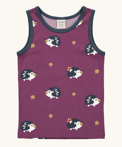Maxomorra GOTS organic cotton kids tank top in purple with a cute repeating hedgehog print and navy trim