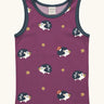 Maxomorra GOTS organic cotton kids tank top in purple with a cute repeating hedgehog print and navy trim