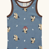 Maxomorra GOTS organic cotton kids tank top in blue with a cute repeating owl print and brown trim